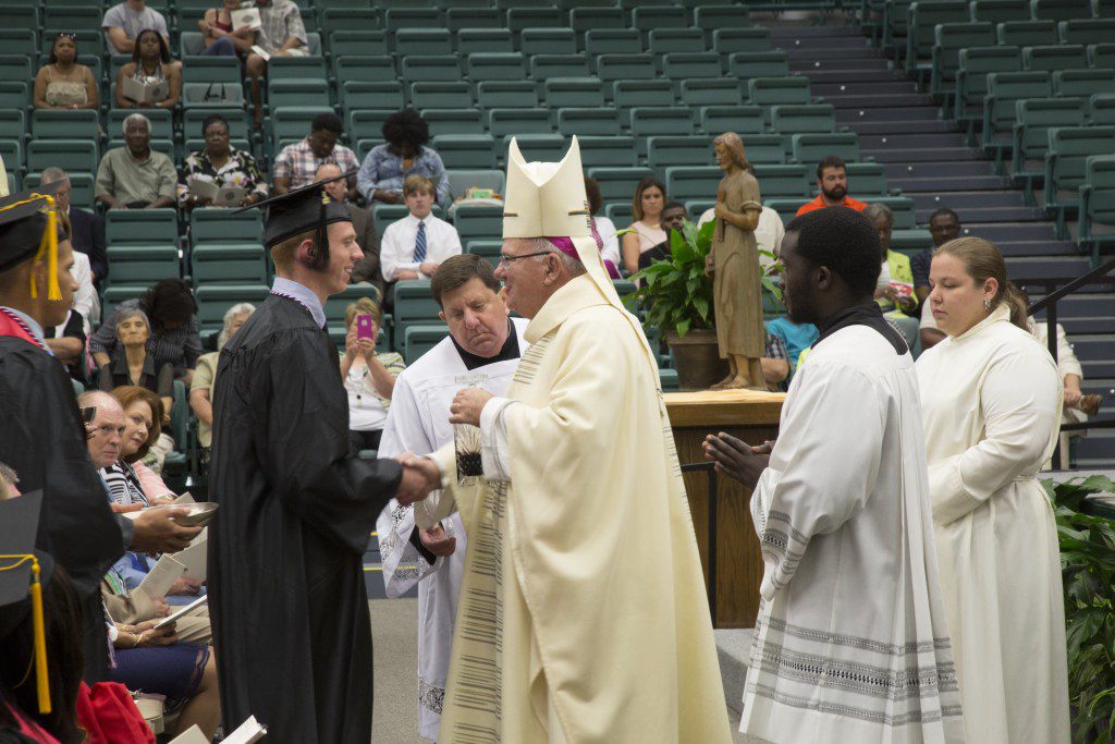 Bishop Lynch, Saint Leo University Class of 1997 and trustee, celebrated the Baccalaureate Mass for Saint Leo University on Friday, May 1. He is shown during the presentation of the gifts during Mass. Photo credit: William S. Speer